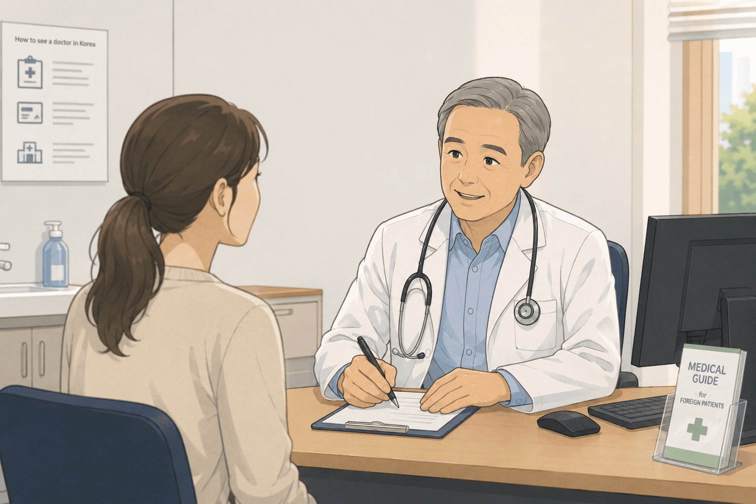 A doctor consulting a foreign patient at a clinic in Korea, with a guide for foreign patients on the desk