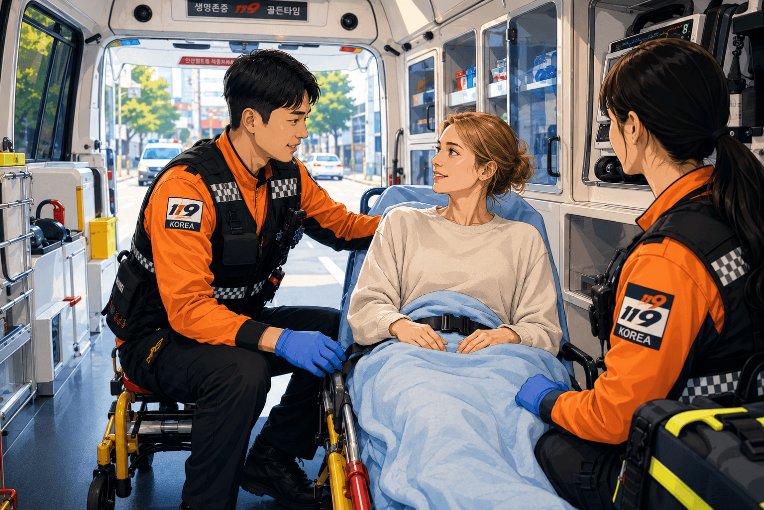 119 paramedics caring for a foreign patient inside an ambulance in Korea