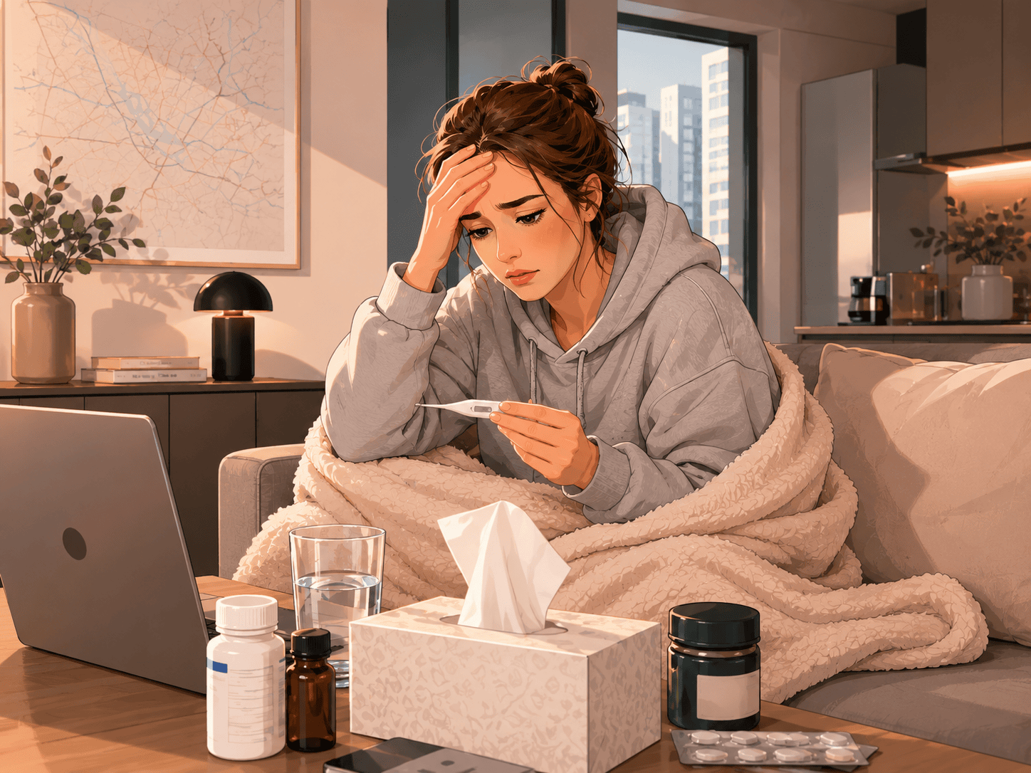 A foreigner feeling feverish and unwell at home in Korea, deciding whether to see a doctor