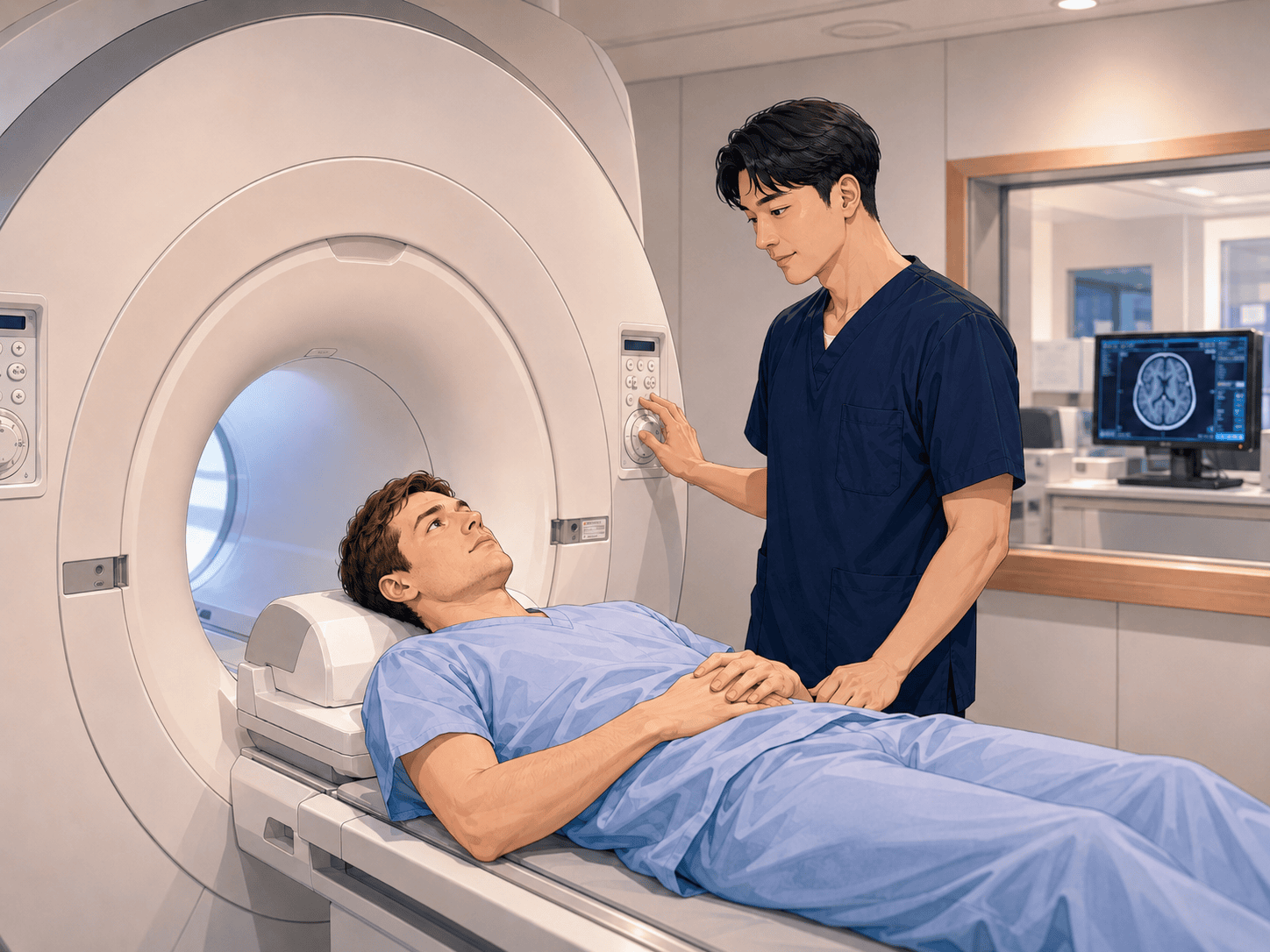 A patient having an MRI scan at a hospital in Korea with a technician operating the machine