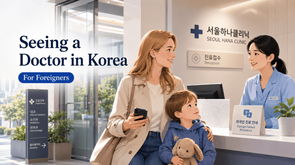 Seeing a doctor in Korea as a foreigner — a parent and child at a clinic reception