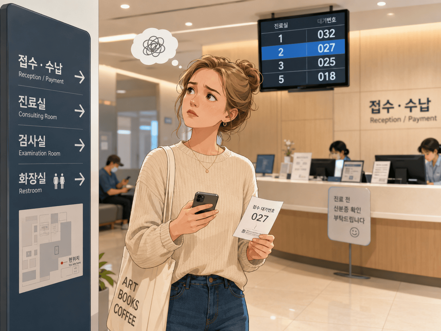 A foreigner reading the signs at a Korean hospital reception while holding a queue number ticket