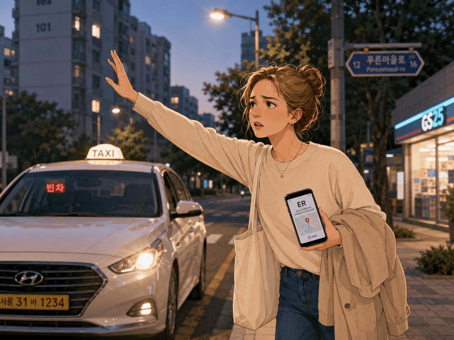 A foreigner hailing a taxi at night to reach a hospital emergency room in Korea