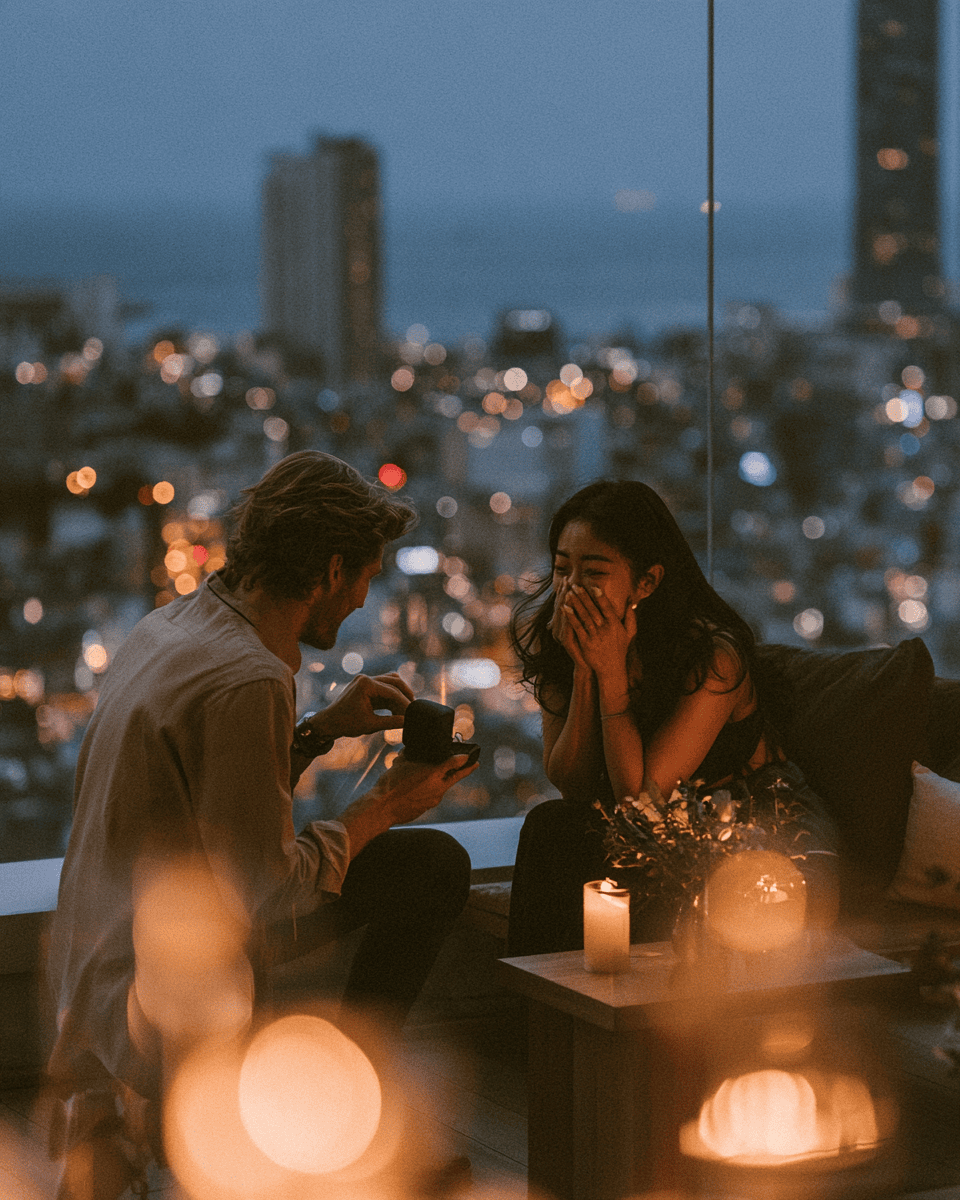 International couple during a surprise proposal in Korea