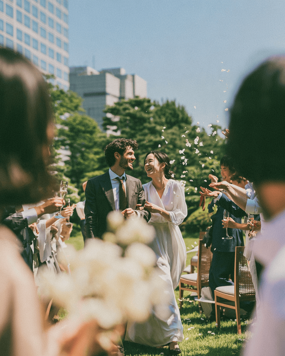 International couple at an outdoor five-star hotel wedding in Korea